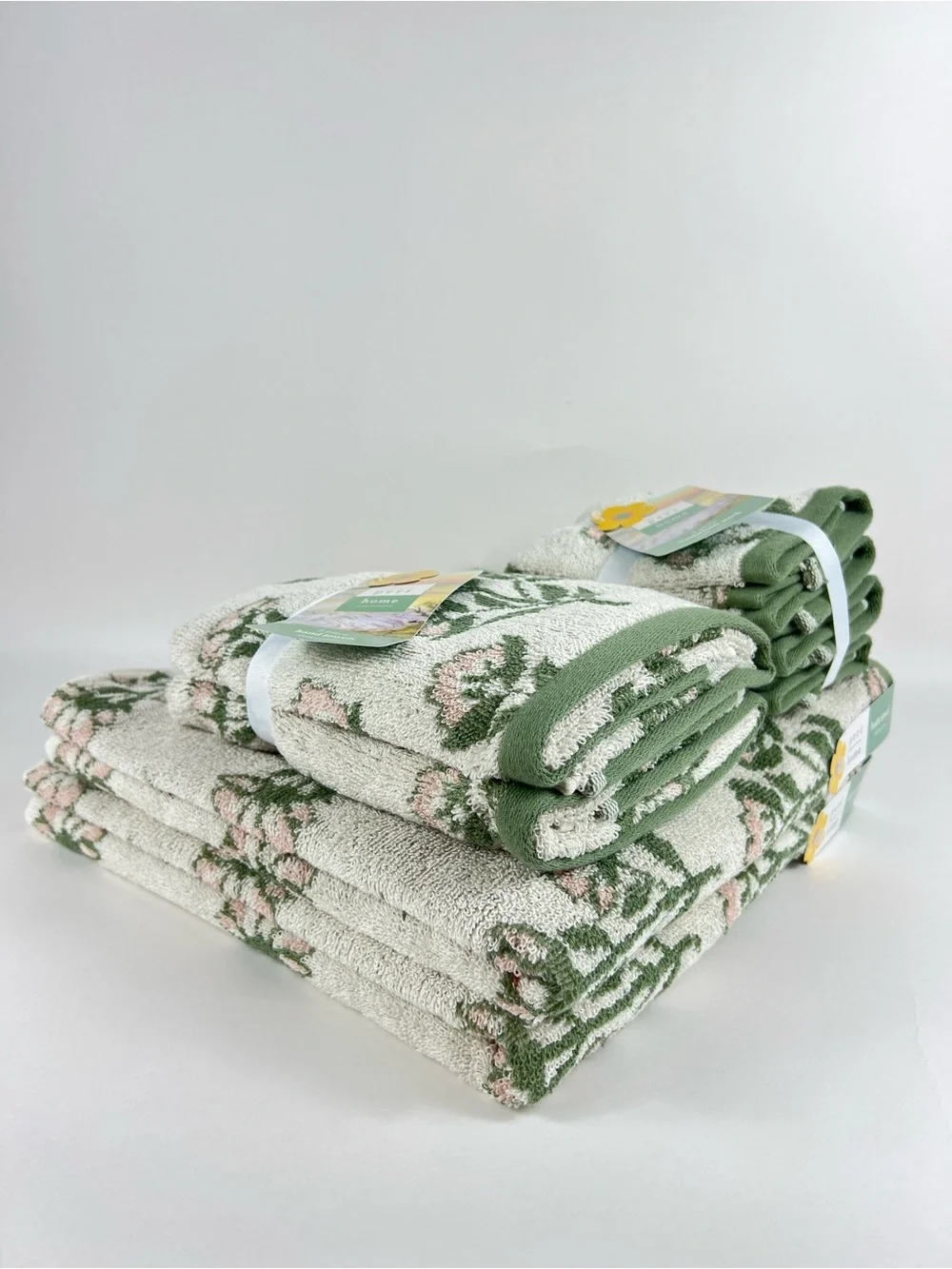 Peri Home Bath Towel Set Green Pink Off White Floral Design 100% Cotton 8 Pc NEW
